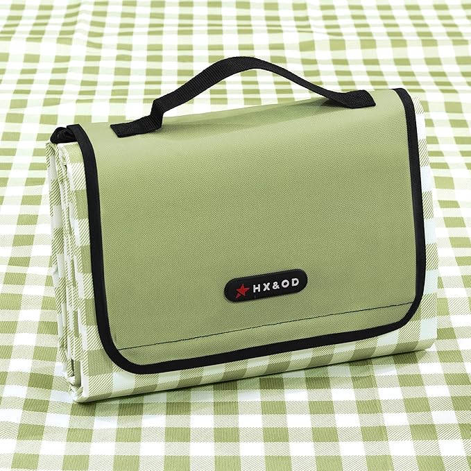 HX&OD Picnic Blanket Outdoor Extra Large Picnic Mat 80"X60" Camping Blanket Beach Blanket Foldable Waterproof Sand Mat Hiking Travel Family Concerts(Green)