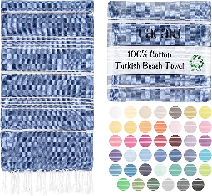 Cacala Lightweight and Thin Turkish Beach Towel 100% Cotton Sand-Free and Quick-Drying Goodness Perfect as an Extra Large Travel Towel, Beach Accessory, or Gift for Beach Lovers, 37 x 70