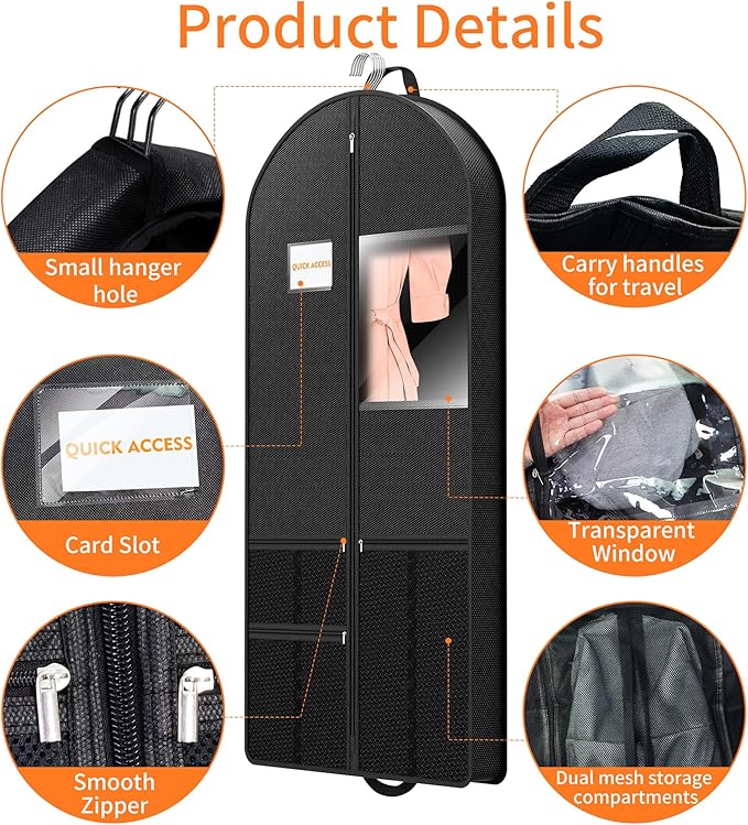 Garment Bag Travel Suit Storage: 63 Inch 3 Packs Fabric Breathable Zippered - Clothes Covers Carry Shoe Pockets Lightweight - Women Travel Wardrobe Protector Hanging Up Multiple