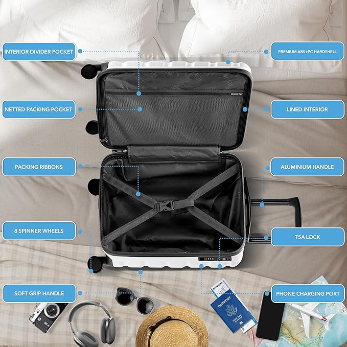 Flight Knight 21.5x15.5x9 Expandable Carry On Suitcase Hardside TSA Lock & USB C Port Lightweight Luggage Silent Double Spinner Wheels Maximum Canada Air Overhead Bag Airlines Approved White