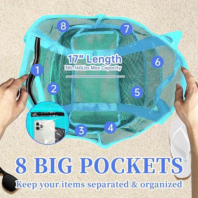 Large Mesh Beach Bag - Lightweight & Foldable Family Beach Bag with 9 Pockets for Toys, Towels & Vacation Essentials