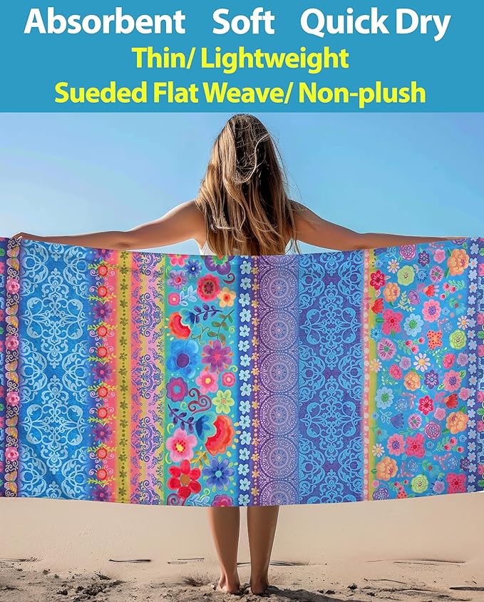 Microfiber Beach Towel Oversized 71X32" Thin, Large, Reversible, Lightweight, Quick Dry, Sand Free, Absorbent, Swim, Pool, Cruise, Compact Travel Towel, Camping, Beach Blanket, Carry Bag, Boho, Flower