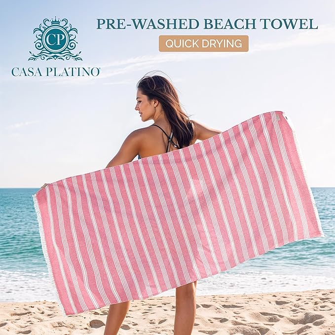 Casa Platino Turkish Beach Towels for Women, Pre-Washed 39"x71" Oversized Pool Towel, Lightweight and Sandproof with Quick-Dry, Travel, Beach Relaxation, or Poolside Lounging – Candy Pink