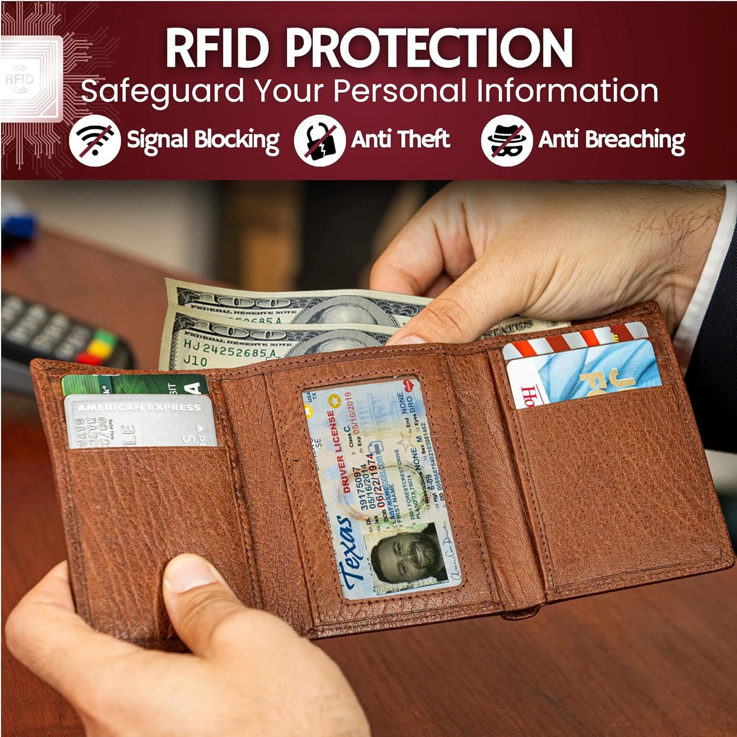 BULL GUARD Leather Trifold Wallets For Men with ID and RFID Blocking Great For Work, Sports, Outdoors