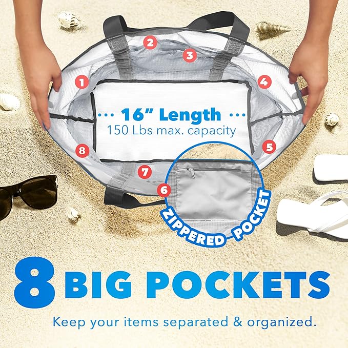 Dejaroo Mesh Sand Free Bag - Strong Lightweight Bag For Beach & Vacation Essentials. Tons of Storage!