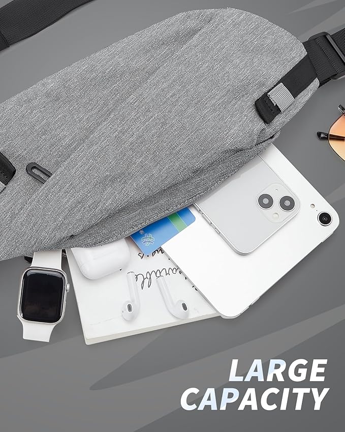 Fanny Pack for Mens Crossbody Bag, Sling Bag for Women Waist Packs Anti Theft Cross Body Belt Bags with Adjustable Strap for Running Sports Hiking Cycling Travel Walking - Grey