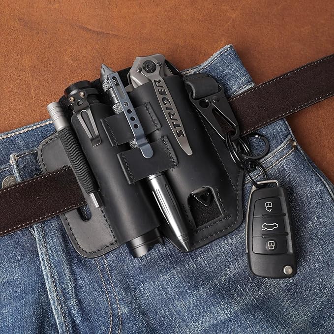 Gentlestache Multitool Leather Sheath for Belt, EDC Organizer, Multitool Pouch,Leather EDC Sheath with Elastic Band Pen Holder, Flashlight Holder and Keychain Clip, Practical Belt Pouch for EDC Gears