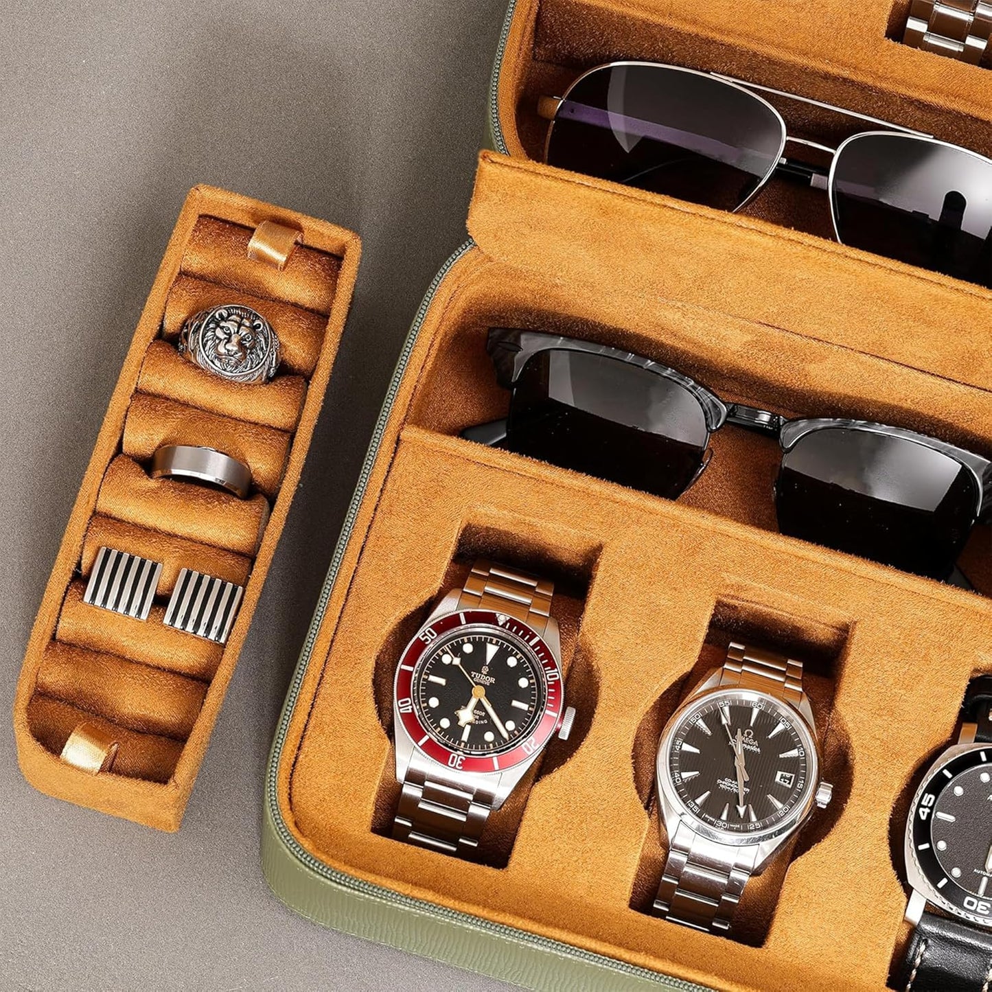 ROTHWELL 8 Watch Travel Case Storage Organizer for 8 Watches, Sunglasses, Rings & Cufflinks |Tough Portable Protection with Zipper Fits Most Wristwatches & Smart Watches Up to 50mm (Green/Tan)