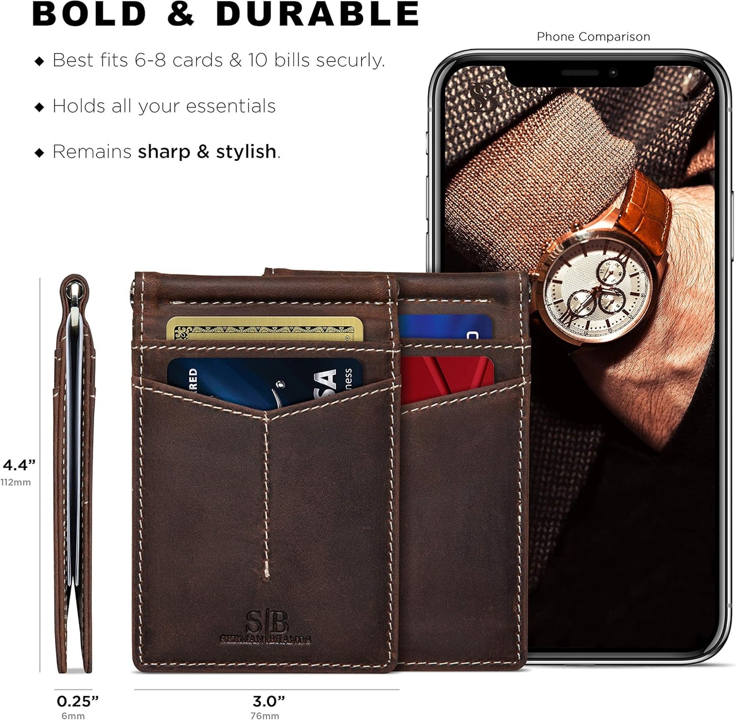 SERMAN BRANDS RFID Blocking Wallet Slim Bifold - Genuine Leather Minimalist Front Pocket Wallets for Men with Money Clip Gift