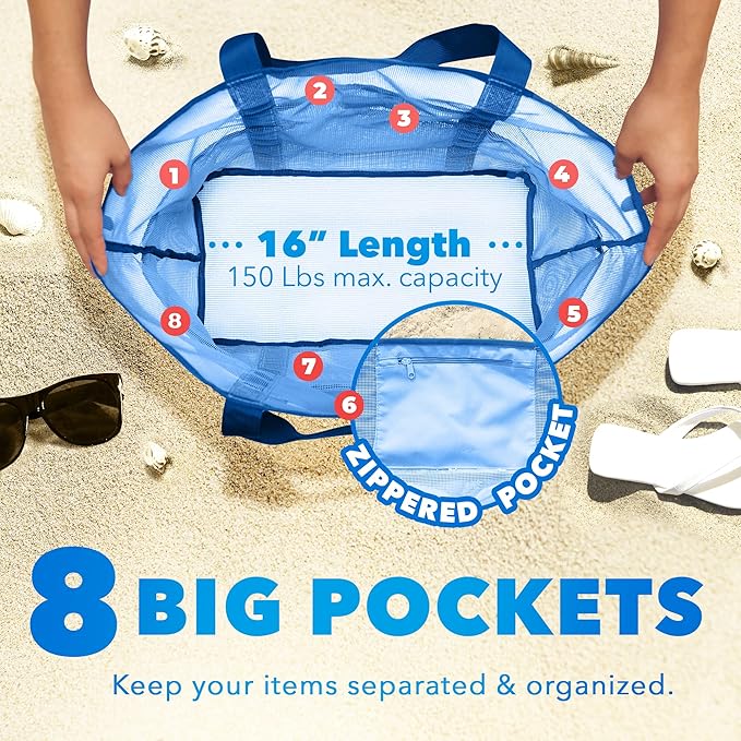 Dejaroo Mesh Sand Free Bag - Strong Lightweight Bag For Beach & Vacation Essentials. Tons of Storage!