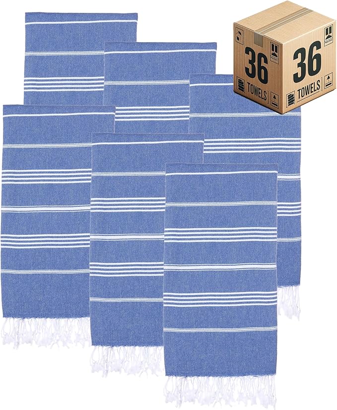 Turkish Beach Towels, Bulk Case of 36 | Oversized, Quick Dry, Sand Free | 100% Cotton, Large 38x71 Towels for Beach, Pool, Travel | Ultra-Soft, Compact, Absorbent | Blue
