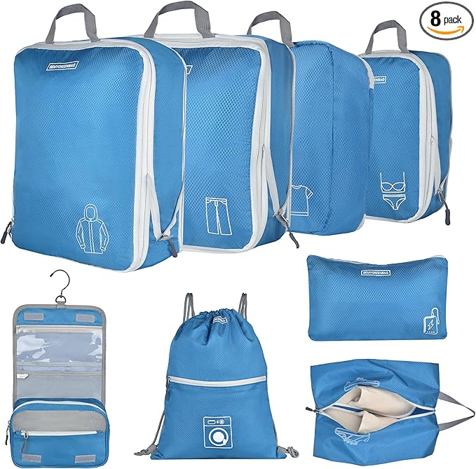 8 Set Expandable Compression Packing Cubes for Suitcases Travel Essentials Carry On Waterproof Storage Bag With Dry And Wet Separation Blue