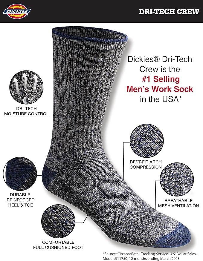 Dickies Men's Dri-Tech Original Moisture Control Crew Socks, Available in M-XXL (6, 12, 18 Pairs)