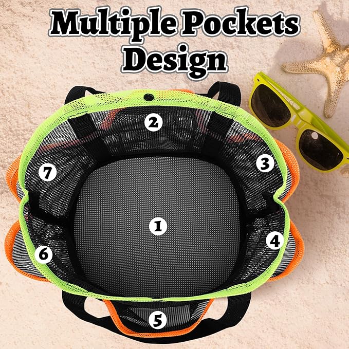 Mesh Beach Bag, Foldable Waterproof Sandproof Beach Storage Tote with 6 Pockets, Swim Tropical Vacation Pool Essential