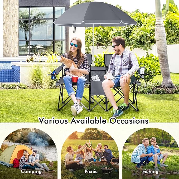 KOTEK Double Camping Chair, Folding Camp Chair with Removable Umbrella, Cup Holders, Cooler Bag, Side Pocket & Carry Bag, 2-Person Beach Chair for Outdoor, Sports, Concerts, Travel, Picnic (Grey)