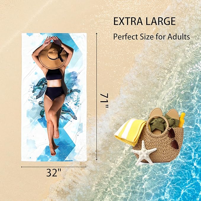 Turquoise Turtles Oversized Sand Free Beach Towel – 71"X32" Lightweight Quick Dry Microfiber Terry Towel For Travel, Swimming, Pool, And Camping, Absorbent And Compact Beach Essential For Women Men