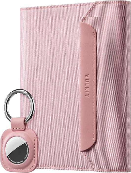 VULKIT Passport Wallet with Detachable AirTag Holder, Vegan Leather Passport Holder, RFID Blocking, Travel Essential, Magnetic Closure, Pink