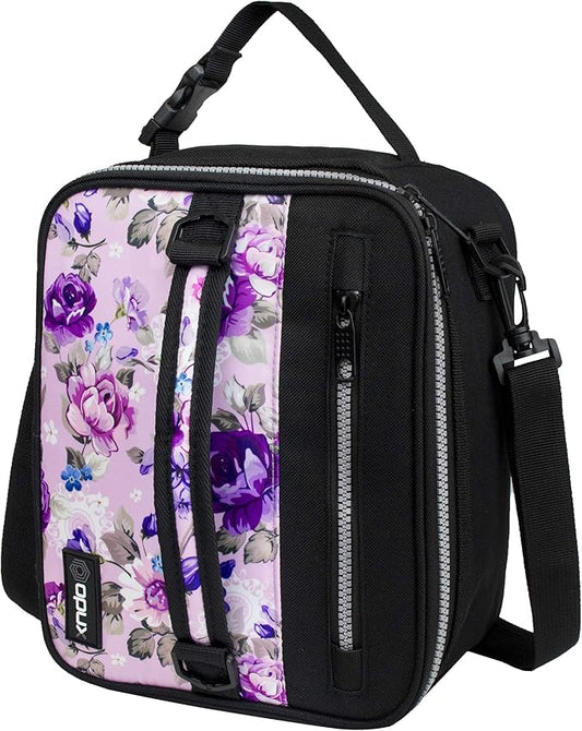 opux Insulated Lunch Box for Men Women Adult, Compact Lunch Bag for Kids Boy Girl Teen, Soft Lunch Cooler Bag for Work School, Leakproof Lunchbox Lunch Pail with Clip-on Buckle, Purple Flowers
