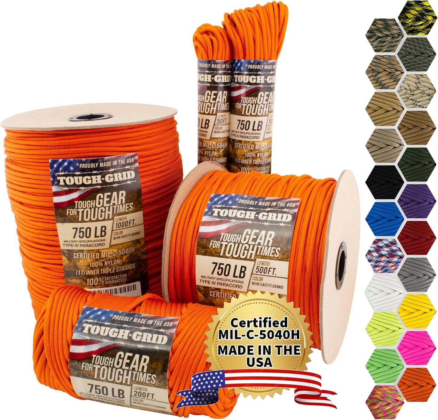 TOUGH-GRID 750 Paracord Rope Nylon Parachute Cord, Made in USA Survival Kit, Outdoor Adventures, Camping, Tactical Gear & Emergency Supplies, Military Type IV Mil-Spec