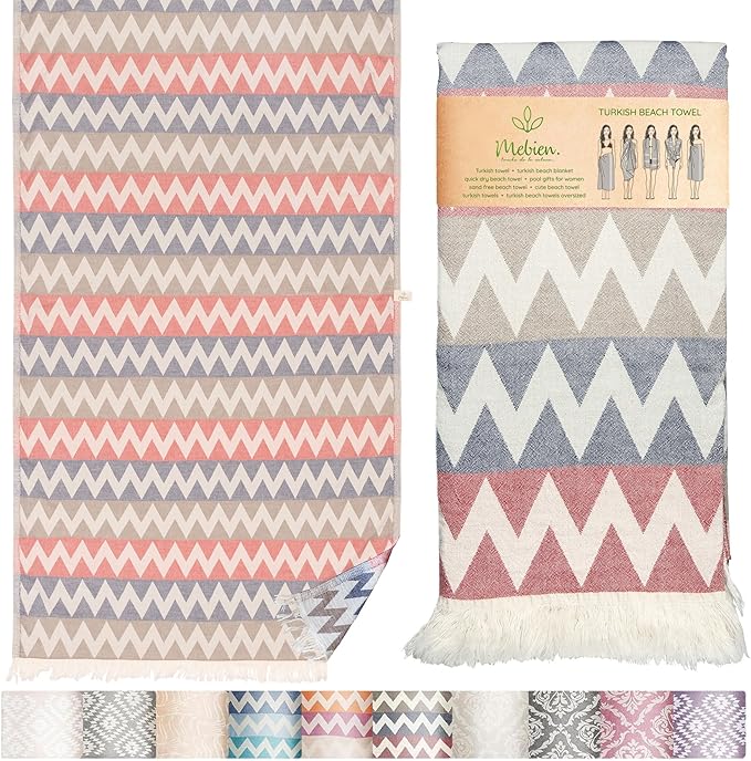 Turkish Beach Towel 35”x67” – 100% Cotton, Quick Dry, Lightweight Oversized Beach Towel for Pool & Travel – Zig Zag Navy Red Color