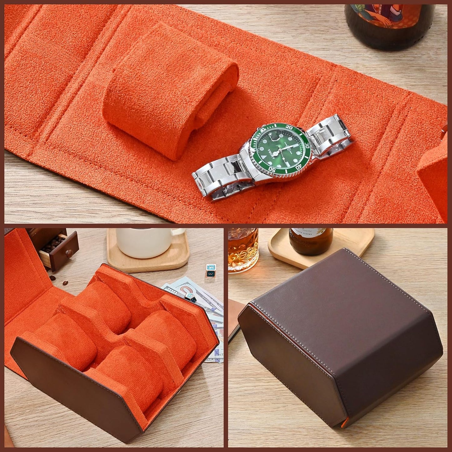 Watch Roll Travel Case for 4 Watchs Storage and Organizer,Leather Watch Box with Innovative Slide Pillows & Solid Dividers for Home, Protect and Display