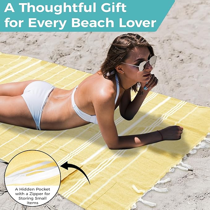 Turkish Beach Towel with Hidden Zipper Pocket 100% Cotton Oversized 72 x 37 Inches Quick Dry Sand Free Lightweight Compact for Beach, Pool, Travel, Bath, and Yoga (Light Yellow)