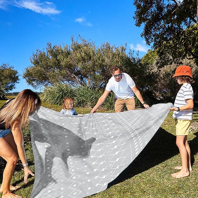 BEW 78''×86'' Large Beach Blanket for 4 Adults, Outdoor Beach Mat Sand Proof Waterproof with 4 Stakes & 4 Corner Pockets, Polyester Lightweight Comapct Grey Picnic Blanket for Travel, Camping, Hiking
