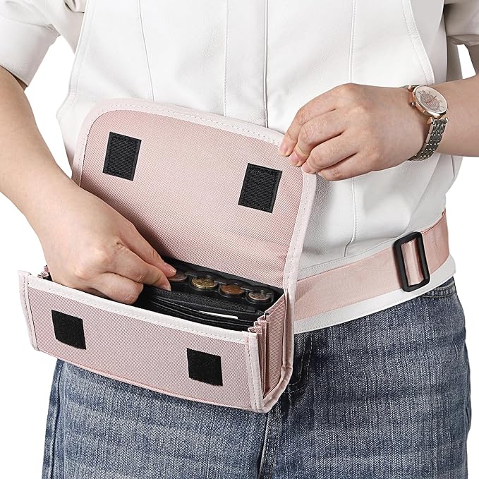 BSTKEY US Coin Holder Coin Dispenser, Fanny Pack with Banknote Waiters Purse Coin Sorter Coin Organizer, Coin Storage Bag with Belt for Waitress Server Collector Cashier Change （Pink）