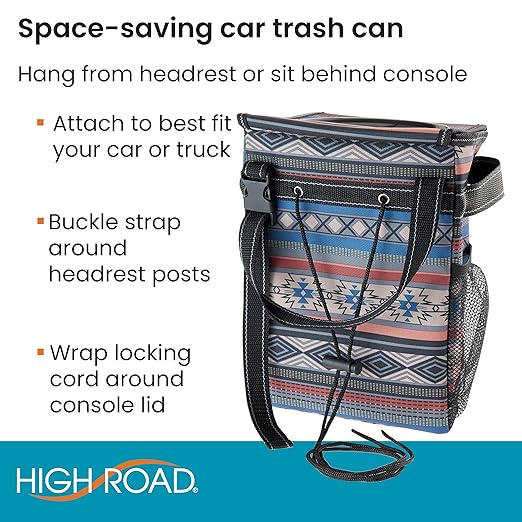 High Road StashAway Heavy Duty Car Trash Can with Rubber Lid, 3 Storage Pockets and Sturdy Panels for Stable Floor or Hanging Seatback Use (Southwest)