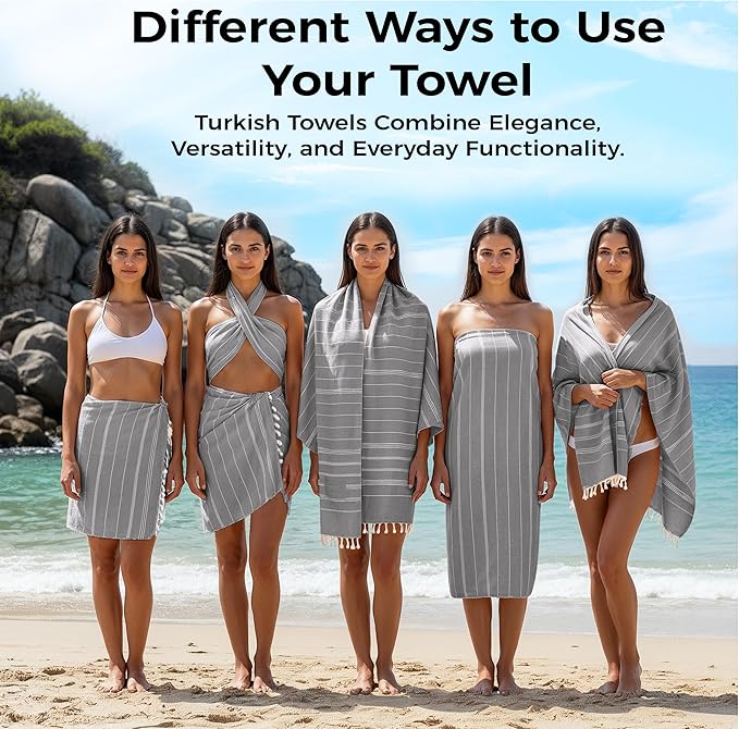 Turkish Beach Towel with Hidden Zipper Pocket 100% Cotton Oversized 72 x 37 Inches Quick Dry Sand Free Lightweight Compact for Beach, Pool, Travel, Bath, and Yoga (Light Gray)