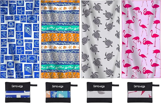 4 Packs Lightweight Thin Microfiber Beach Towel Oversized Quick Dry Compact Sandproof Clearance Towels Sand Free Camping Swimming Easy Pack Travel Accessories Starfish Small Fish Turtles Flamingos