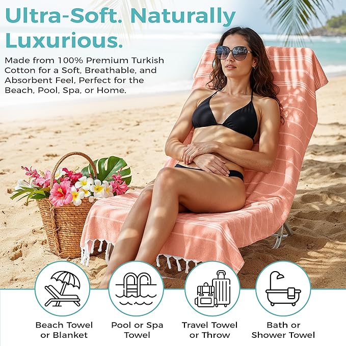 Turkish Beach Towel with Hidden Zipper Pocket 100% Cotton Oversized 72 x 37 Inches Quick Dry Sand Free Lightweight Compact for Beach, Pool, Travel, Bath, and Yoga (Light Orange)