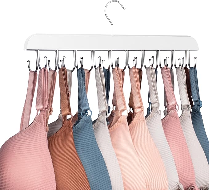 Bra Hangers for Closet Organizer,Tank Top Hanger with 20 Hooks,Space Saving Wooden Adjustable Hangers,Closet Organizers and Storage Suitable for Dorm,Apartments (1, White)