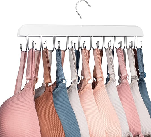 Bra Hangers for Closet Organizer,Tank Top Hanger with 20 Hooks,Space Saving Wooden Adjustable Hangers,Closet Organizers and Storage Suitable for Dorm,Apartments (1, White)