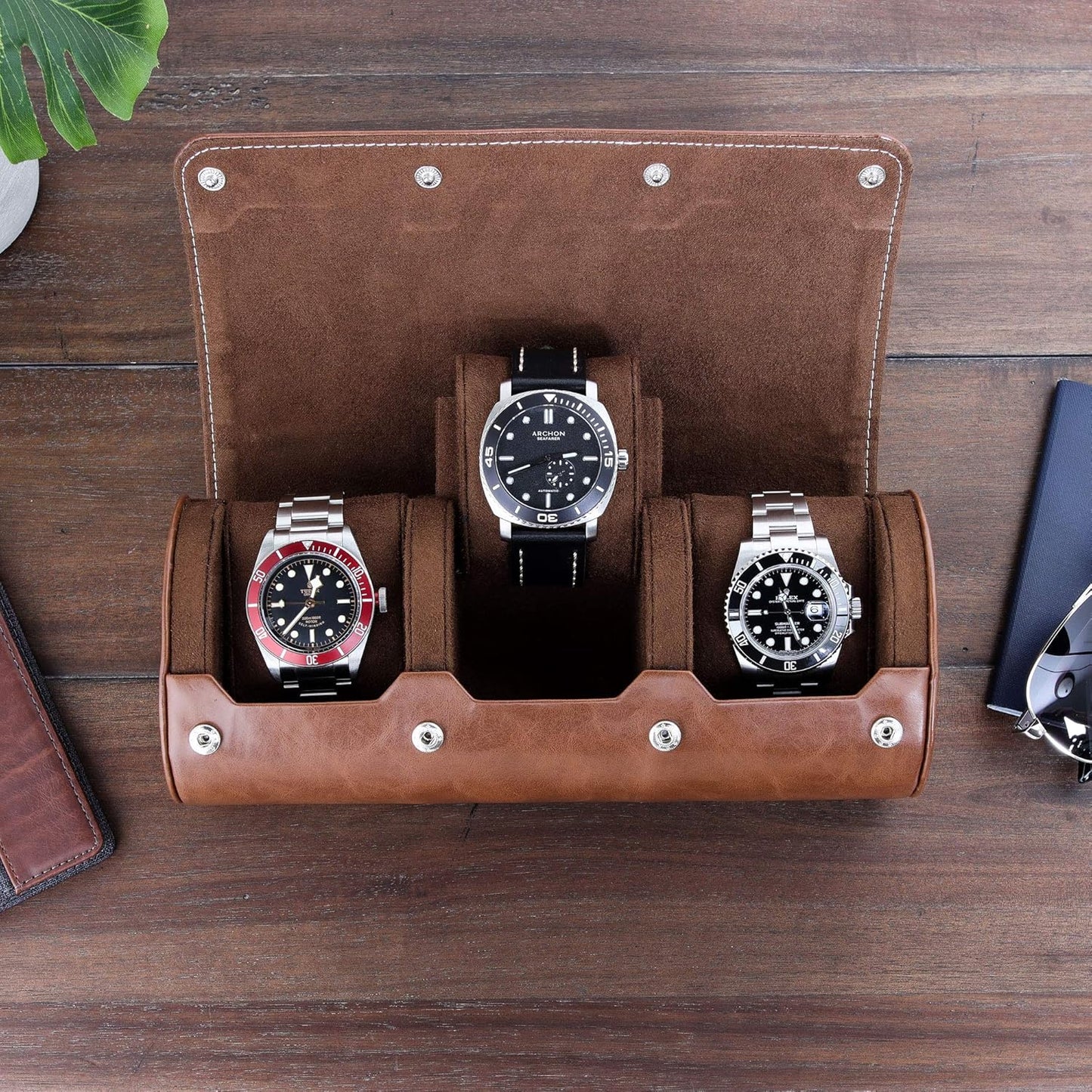 ROTHWELL Watch Roll Travel Case for 3 Watches | Tough Portable Protection, Fits All Wrist Watch & Smart Watches Up to 50mm (Tan/Brown)