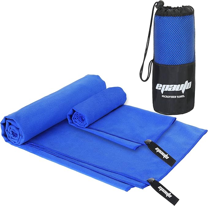 EPAuto Microfiber Fast Drying Towels 2-Pack (60" x 30", 24" x 15") for Travel, Gym, Camping, Beach and Backpacking, Blue