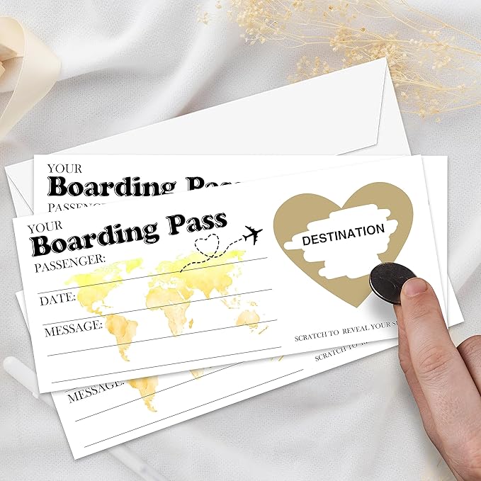 AWSICE Scratch Surprise Boarding Pass, 1 Set Make Your Own DIY Travel Ticket, Surprise Reveal Card Gift for Holiday, Christmas, Wedding, Birthday, Anniversary, Valentine's Day(3.5"x8" Gold)-B004