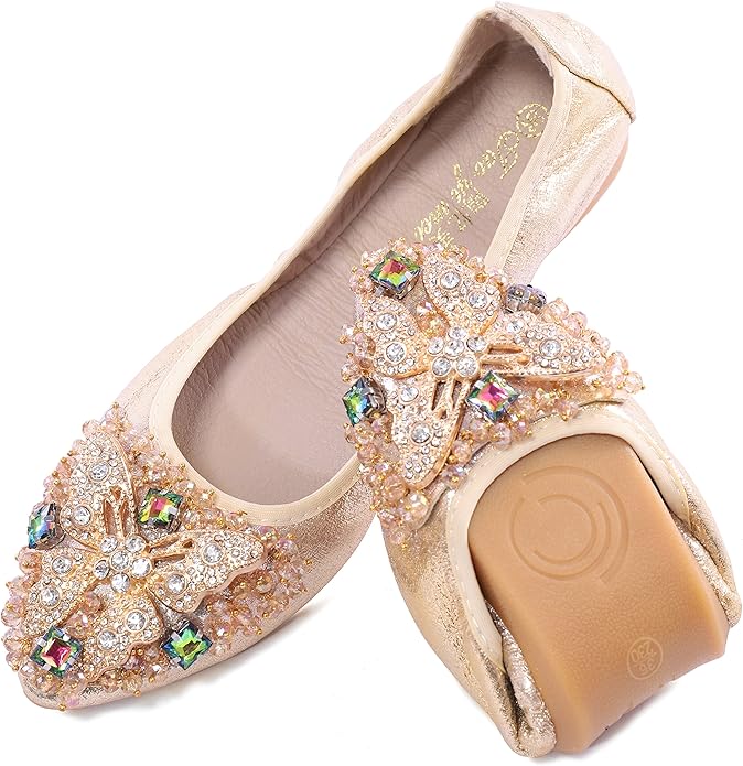 Womens Ballet Flats Foldable Rhinestone Pointed Toe Comfortable Slip on Wedding Flat Shoes Dress Flats for Women