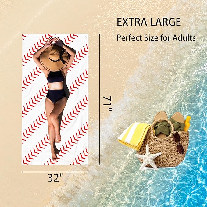Baseball Stitches Oversized Sand Free Beach Towel – 71"X32" Lightweight Quick Dry Microfiber Terry Towel For Travel, Swimming, Pool, And Camping, Absorbent And Compact Beach Essential For Women Men