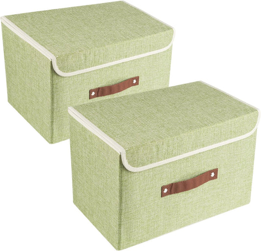 TYEERS Collapsible Storage Boxes, Washable Fabric Storage Bins with Lids, 14.9x9.8x9.8 inches, 2 Pack, Green