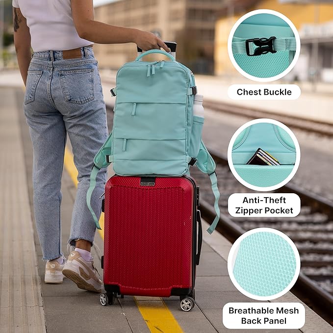 (Not Made In China) Travel Backpack For Men and Women, Airline Approved Carry On Bag w/Shoe Compartment, Holds 15.6" Laptop, USB Charging Port (Columbus, Mint, 2 Pack)