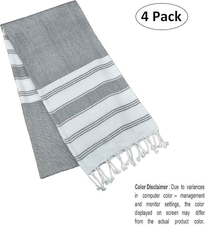 GLAMBURG Peshtemal Turkish Towel Cotton Beach Towels Oversized 36x71 Set of 4, Cotton Beach Towels for Adults, Soft Durable Absorbent Extra Large Bath Sheet Hammam Towel - Charcoal Grey