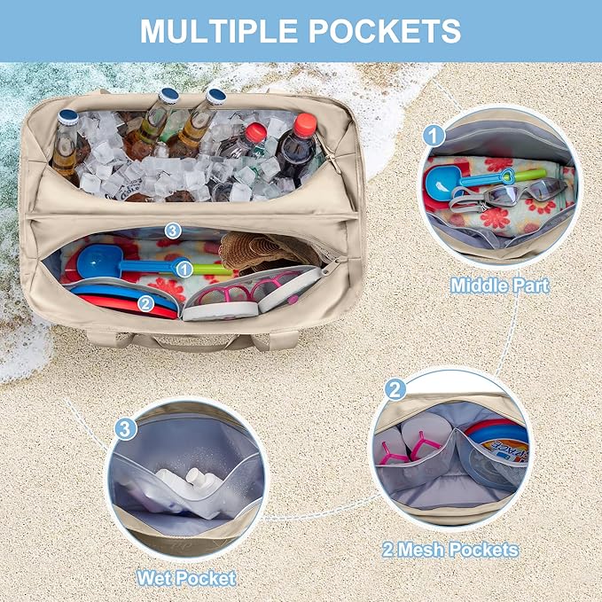 Yarwo Beach Bag for Women, Sandproof Swim Tote Bag with Cooler Compartment and Wet & Dry Pockets for Pool Cruise Vacation