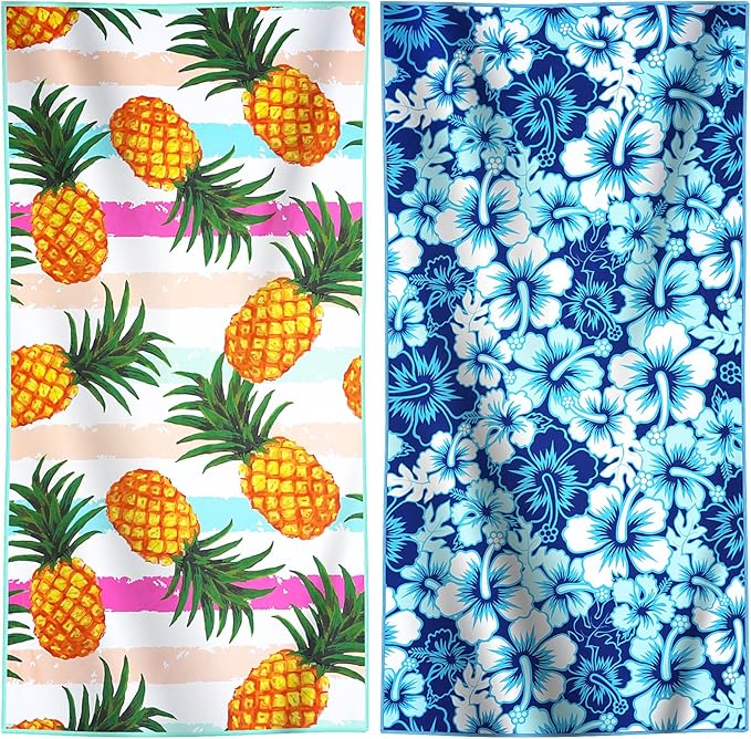 2 Packs Lightweight Thin Microfiber Beach Towel Oversized Quick Dry Compact Sandproof Clearance Towels Sand Free Camping Pool Easy Pack Travel Accessories Essentials Women Adults Blue Flower Pineapple