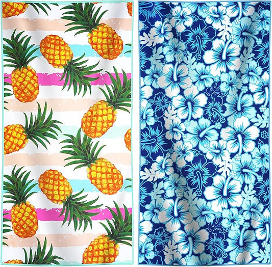 2 Packs Lightweight Thin Microfiber Beach Towel Oversized Quick Dry Compact Sandproof Clearance Towels Sand Free Camping Pool Easy Pack Travel Accessories Essentials Women Adults Blue Flower Pineapple