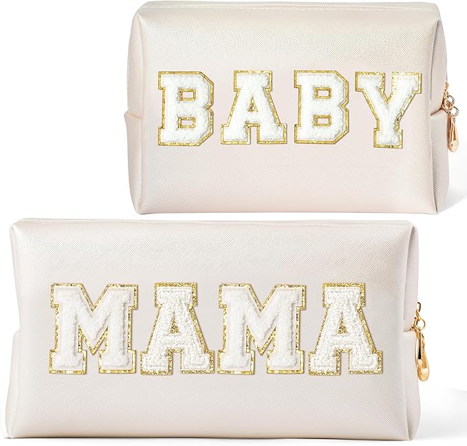 CY2SIDE MAMA Baby Letter Makeup Bag - 2PCS White MAMA and BABY Chenille Letter Patch Cosmetic Bag Pink PU Leather Patch Pouch Waterproof Portable Zipper Travel Organizer Case Gifts for Mom Women