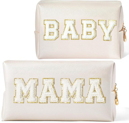 CY2SIDE MAMA Baby Letter Makeup Bag - 2PCS White MAMA and BABY Chenille Letter Patch Cosmetic Bag Pink PU Leather Patch Pouch Waterproof Portable Zipper Travel Organizer Case Gifts for Mom Women