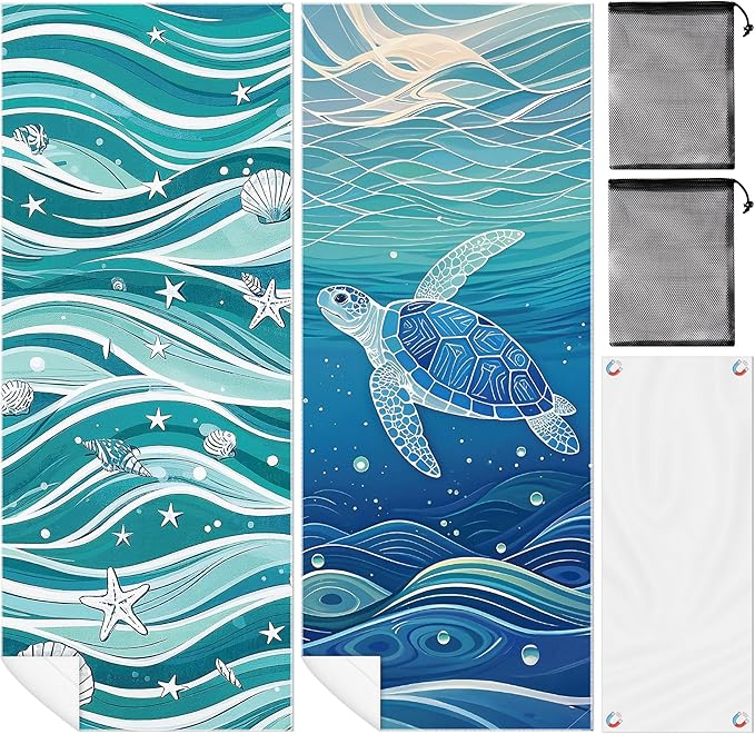2 Pack Magnetic Beach Towel- 75"x30" Sea Turtle Wave Sand Free Quick Dry Microfiber Towel with Built-in Magnets Lightweight for Beach Chair Car Door Pool Travel Camping Yoga with Storage Bag