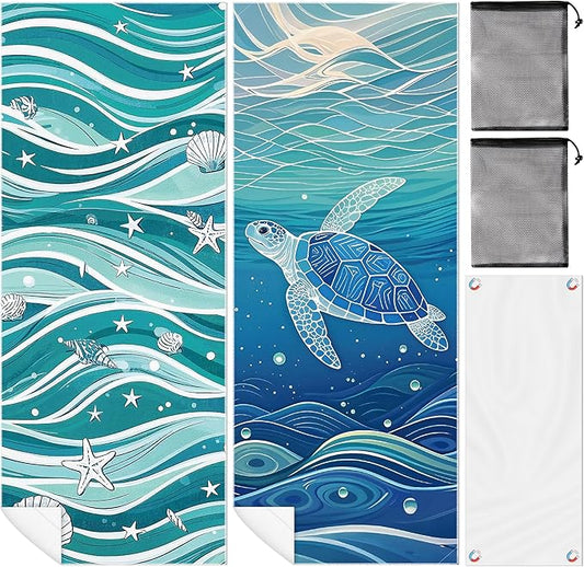 2 Pack Magnetic Beach Towel- 75"x30" Sea Turtle Wave Sand Free Quick Dry Microfiber Towel with Built-in Magnets Lightweight for Beach Chair Car Door Pool Travel Camping Yoga with Storage Bag