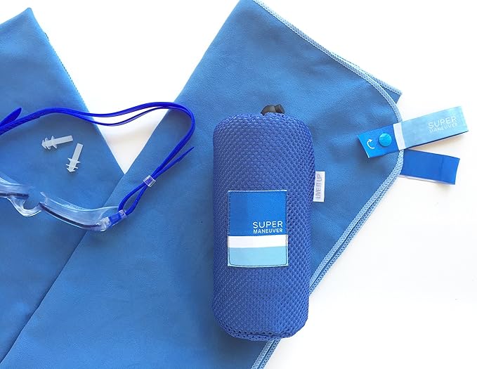 Super Towel for Sports, Travel & Adventures — Lightweight, Compact, Absorbent, Fast-Dry, Soft Microfiber Suede — For the beach, pool, gym, yoga, outdoors & jetsetting. Blue+Light Blue, XL (60x32")